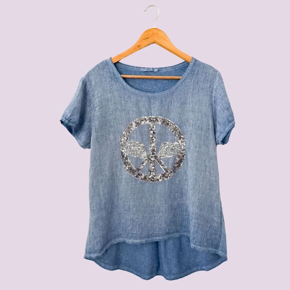 Made in Italy Linen Sequin Peace Sign Top MED Italy Blue Lagenlook Artsy - Picture 1 of 7